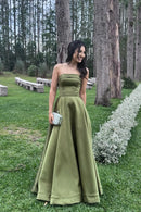 Elegant A-Line Strapless Sweetheart Sleeveless Lace Up Back Floor-Length Olive Green Satin Evening Dresses