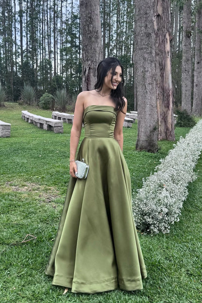 Elegant A-Line Strapless Sweetheart Sleeveless Lace Up Back Floor-Length Olive Green Satin Evening Dresses