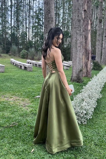 Elegant A-Line Strapless Sweetheart Sleeveless Lace Up Back Floor-Length Olive Green Satin Evening Dresses