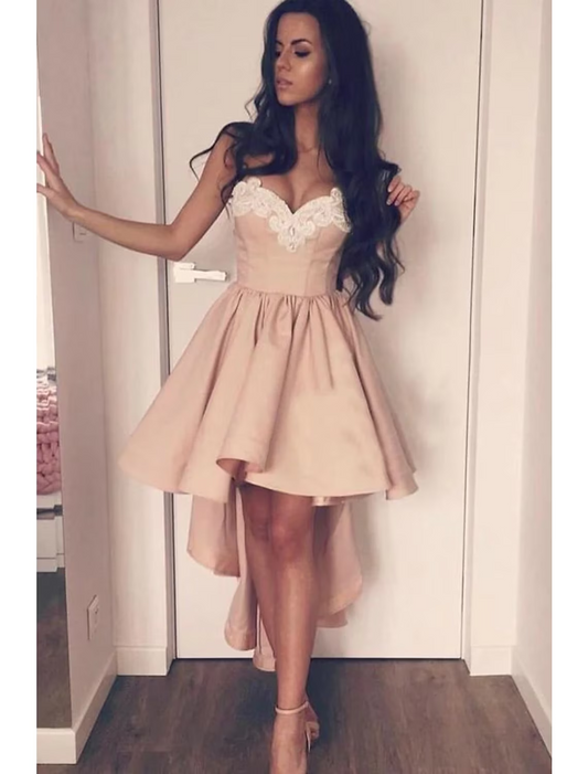 Elegant A-Line Sweetheart Satin Asymmetrical Backless Appliqued Cocktail Dress.
