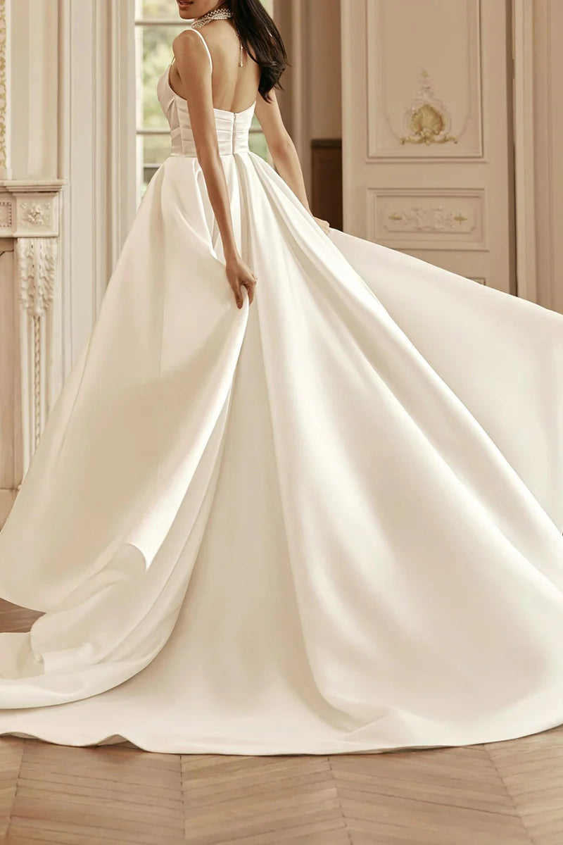 Elegant A-Line Sweetheart Spaghetti Strap Corset Back Train Length Wedding Dress