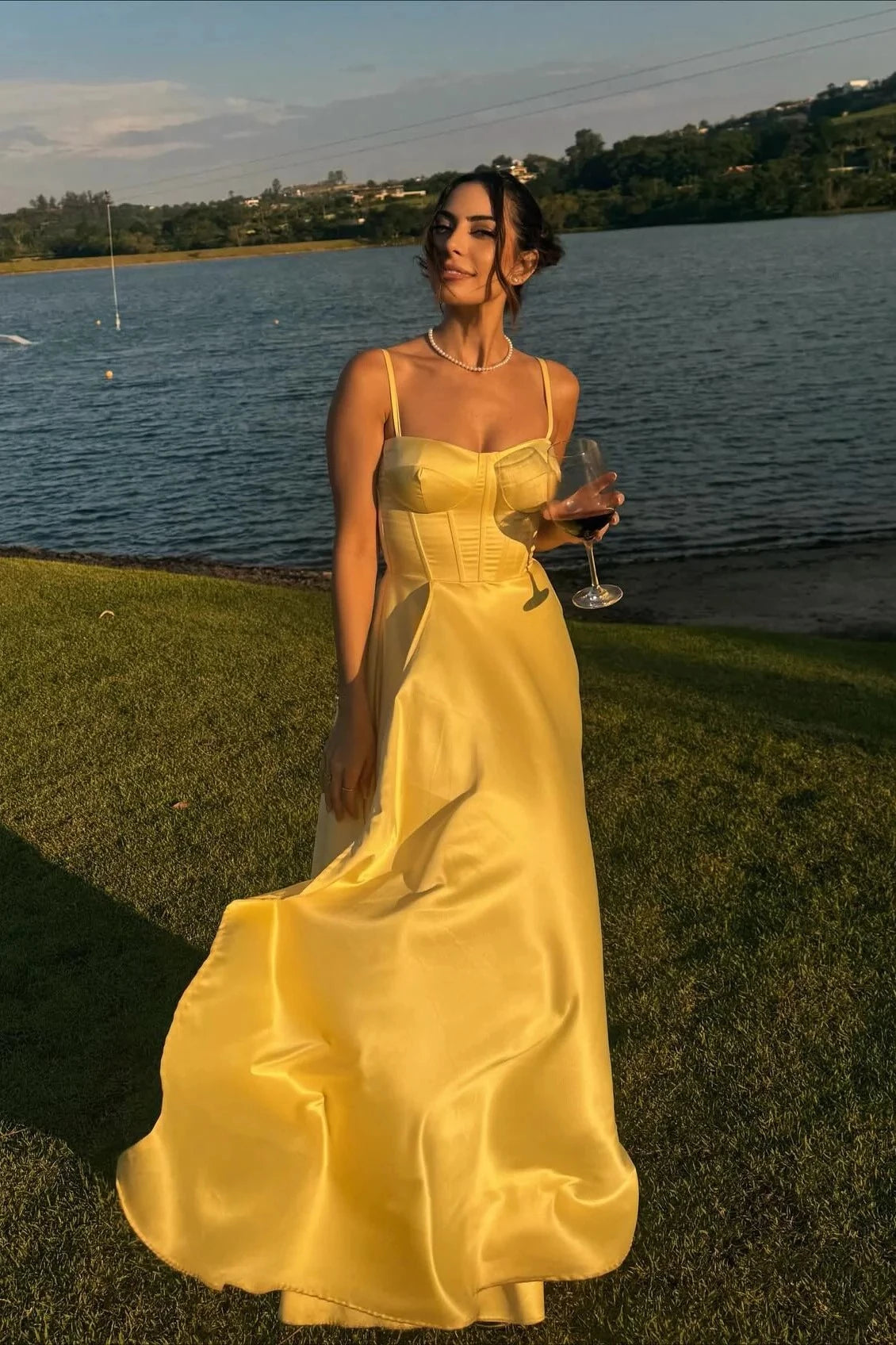Elegant A-Line Sweetheart Spaghetti Strap Lace-Up Yellow Satin Floor-Length Evening Dress.