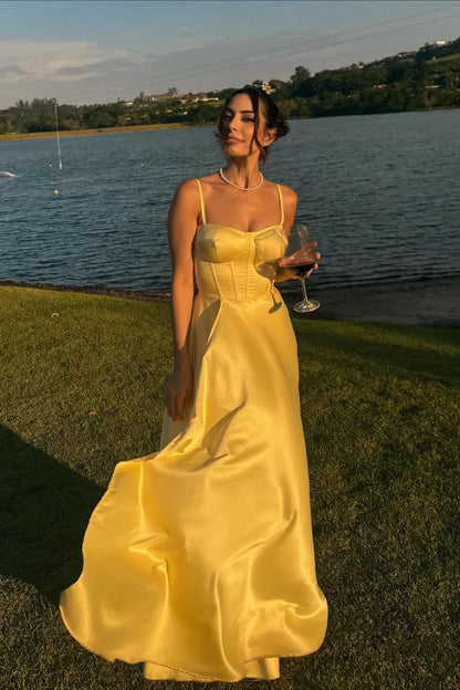 Elegant A-Line Sweetheart Spaghetti Strap Lace-Up Yellow Satin Floor-Length Evening Dress.