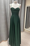 Elegant A-Line Sweetheart Spaghetti Straps Open Back Floor-Length Emerald Green Satin Evening Dresses