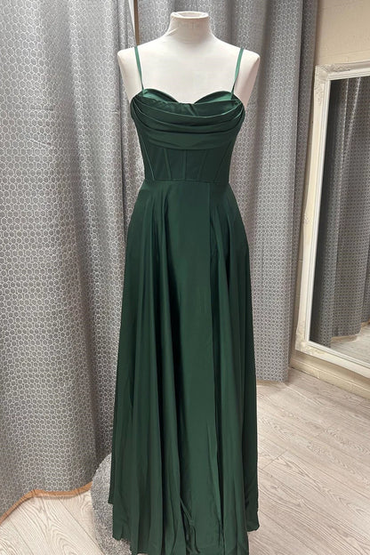 Elegant A-Line Sweetheart Spaghetti Straps Open Back Floor-Length Emerald Green Satin Evening Dresses