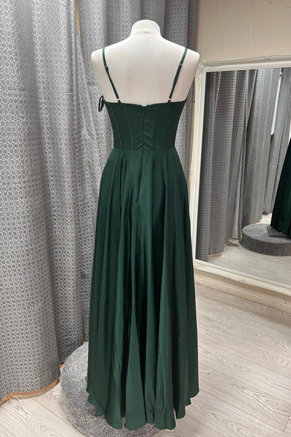 Elegant A-Line Sweetheart Spaghetti Straps Open Back Floor-Length Emerald Green Satin Evening Dresses