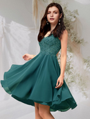 Elegant A-Line V-Neck Flirty Beaded Lace Short Homecoming Dress.