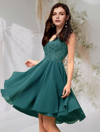 Elegant A-Line V-Neck Flirty Beaded Lace Short Homecoming Dress.