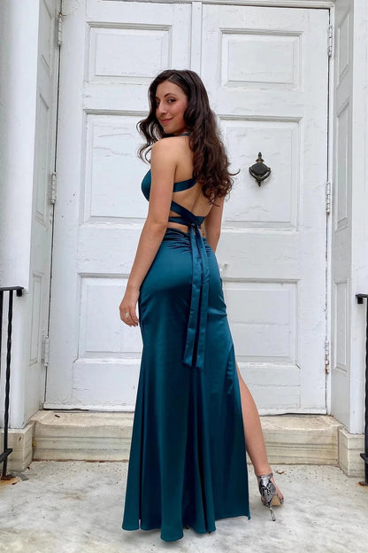 Elegant A-Line V-Neck Halter Crisscross-Back High-Slit Maxi Evening Dress