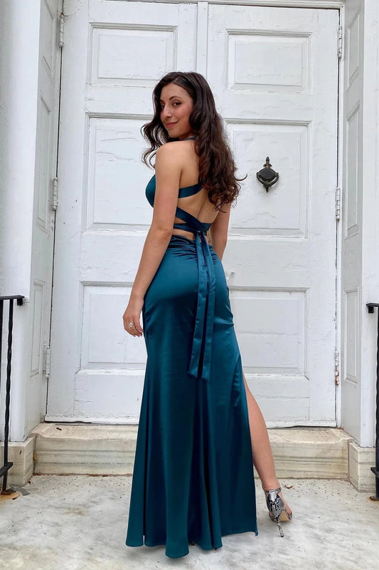 Elegant A-Line V-Neck Halter Crisscross-Back High-Slit Maxi Evening Dress