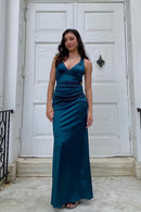 Elegant A-Line V-Neck Halter Crisscross-Back High-Slit Maxi Evening Dress