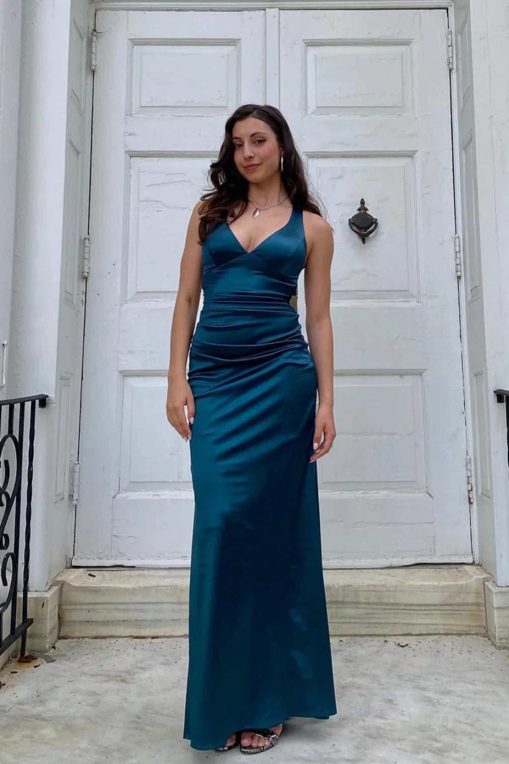 Elegant A-Line V-Neck Halter Crisscross-Back High-Slit Maxi Evening Dress