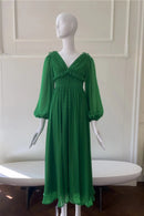 Elegant A-Line V-Neck Long Puffed Sleeves Open Back Midi-Length Emerald Chiffon Evening Dresses