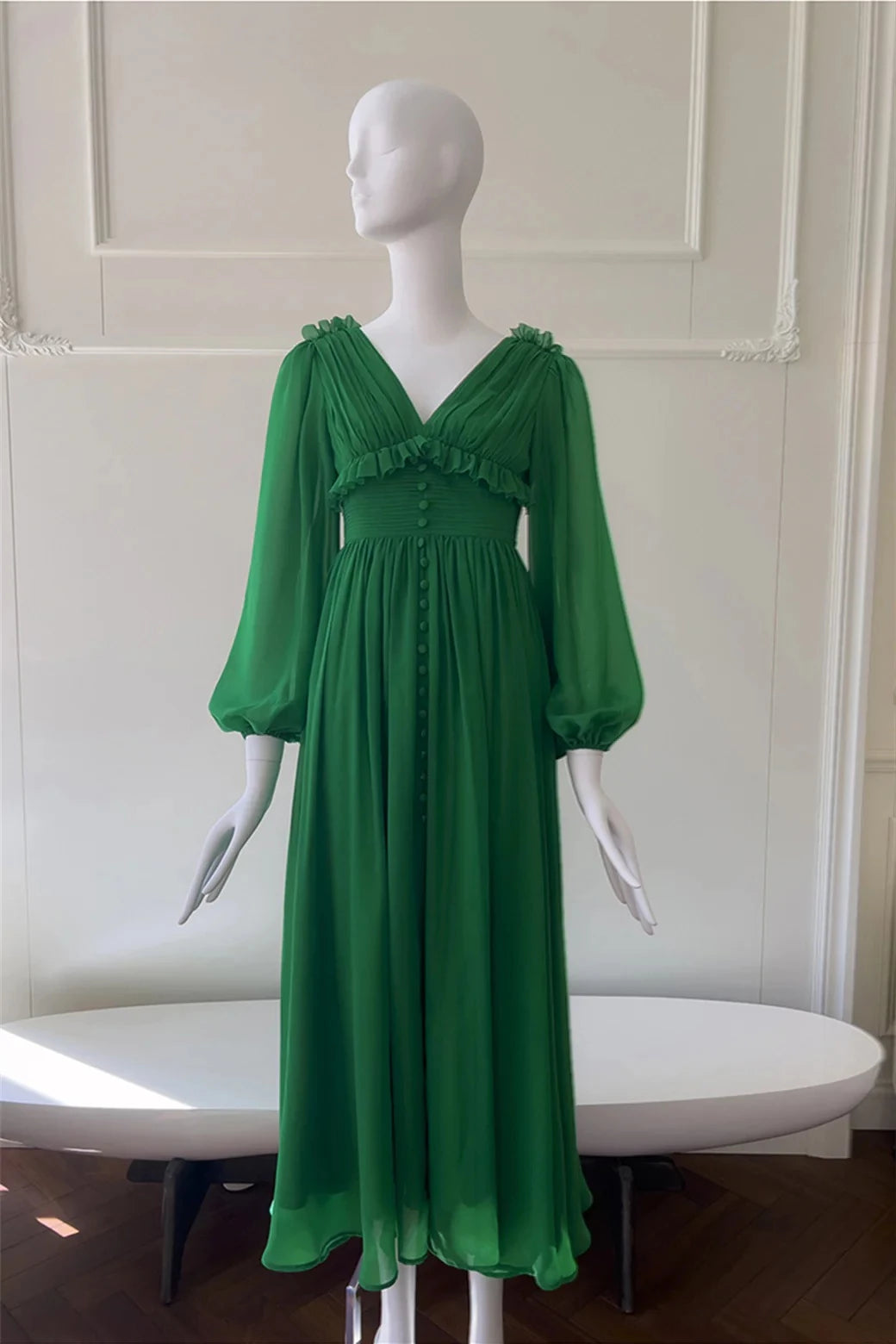 Elegant A-Line V-Neck Long Puffed Sleeves Open Back Midi-Length Emerald Chiffon Evening Dresses