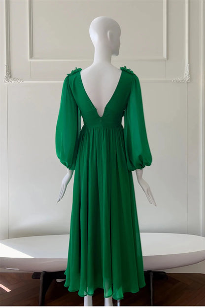 Elegant A-Line V-Neck Long Puffed Sleeves Open Back Midi-Length Emerald Chiffon Evening Dresses