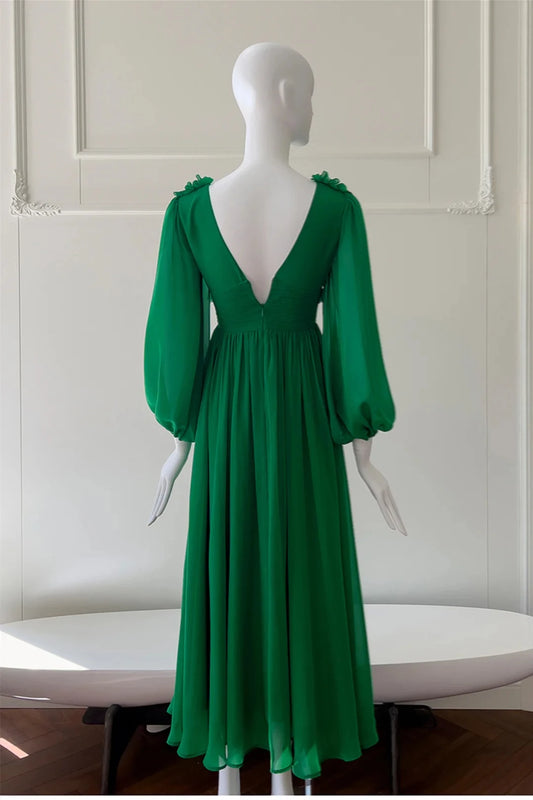 Elegant A-Line V-Neck Long Puffed Sleeves Open Back Midi-Length Emerald Chiffon Evening Dresses