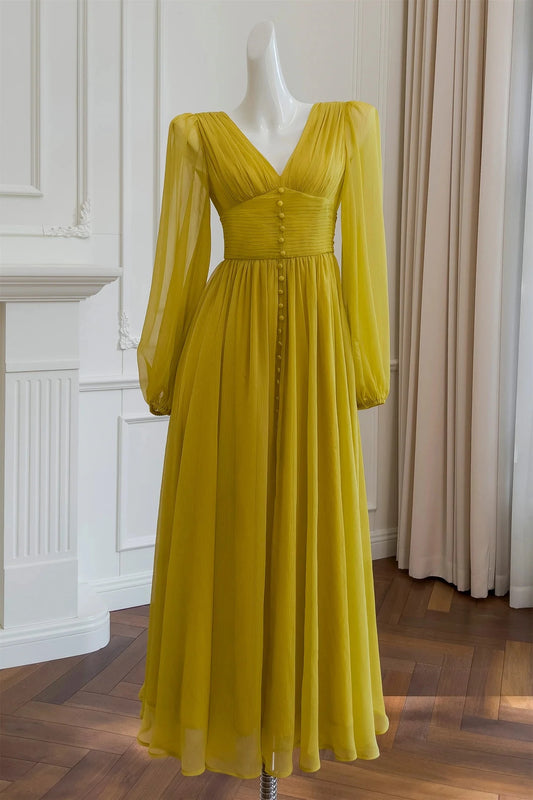 Elegant A-Line V-Neck Long Puffed Sleeves Open Back Tea-Length Mustard Chiffon Evening Dresses