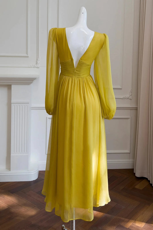 Elegant A-Line V-Neck Long Puffed Sleeves Open Back Tea-Length Mustard Chiffon Evening Dresses