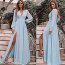 Elegant A-Line V-Neck Long Sleeve Slit Maxi Evening Dresses