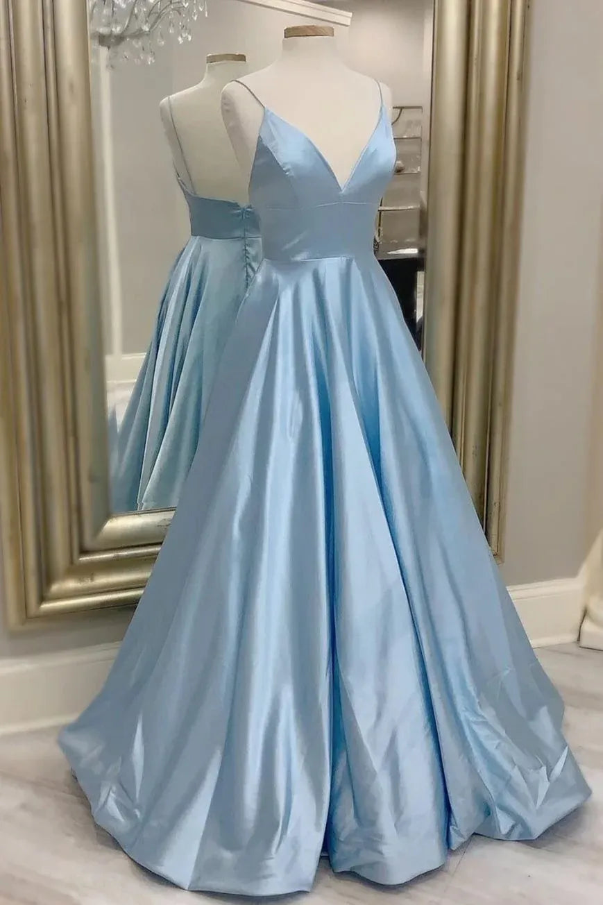 Elegant A-line V-neck satin light blue prom gown with spaghetti straps.