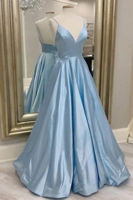Elegant A-line V-neck satin light blue prom gown with spaghetti straps.