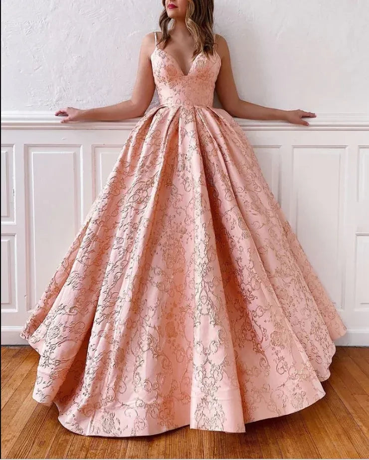 Elegant A-Line V-Neck Spaghetti Strap Floral Brocade Blush Pink Prom Dress.