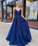 Elegant A-Line V-Neck Spaghetti-Strap Lace-Applique Corset Navy Blue Prom Dress.