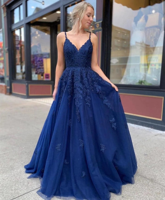 Elegant A-Line V-Neck Spaghetti-Strap Lace-Applique Corset Navy Blue Prom Dress.