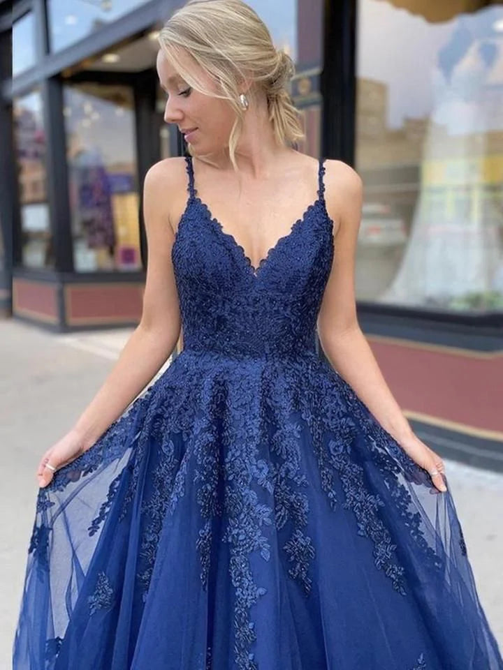 Elegant A-Line V-Neck Spaghetti-Strap Lace-Applique Corset Navy Blue Prom Dress.