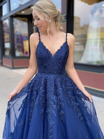 Elegant A-Line V-Neck Spaghetti-Strap Lace-Applique Corset Navy Blue Prom Dress.