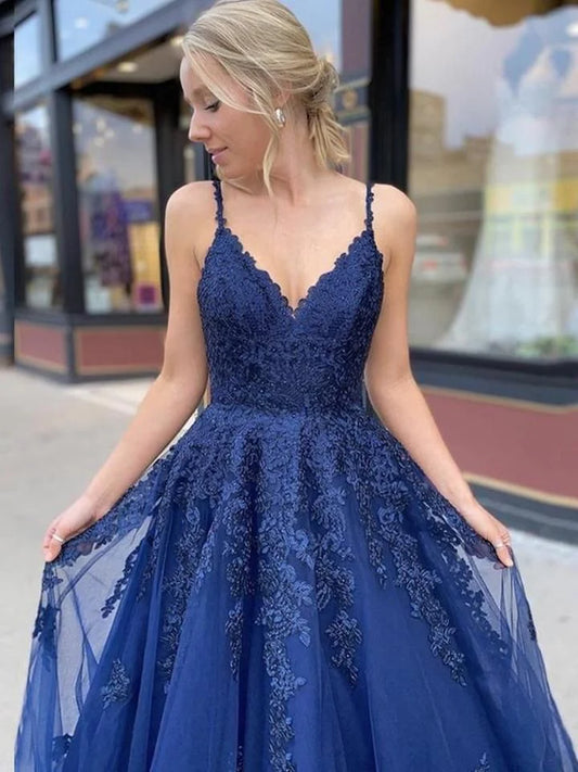Elegant A-Line V-Neck Spaghetti-Strap Lace-Applique Corset Navy Blue Prom Dress.