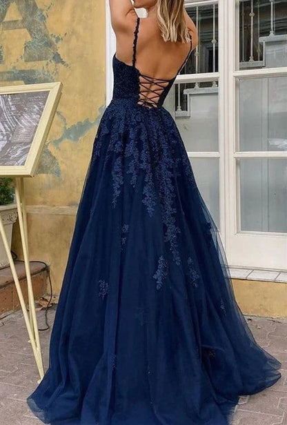 Elegant A-Line V-Neck Spaghetti-Strap Lace-Applique Corset Navy Blue Prom Dress.