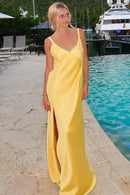 Elegant A-Line V-Neck Spaghetti-Strap Tie-Back High-Slit Maxi Evening Dress