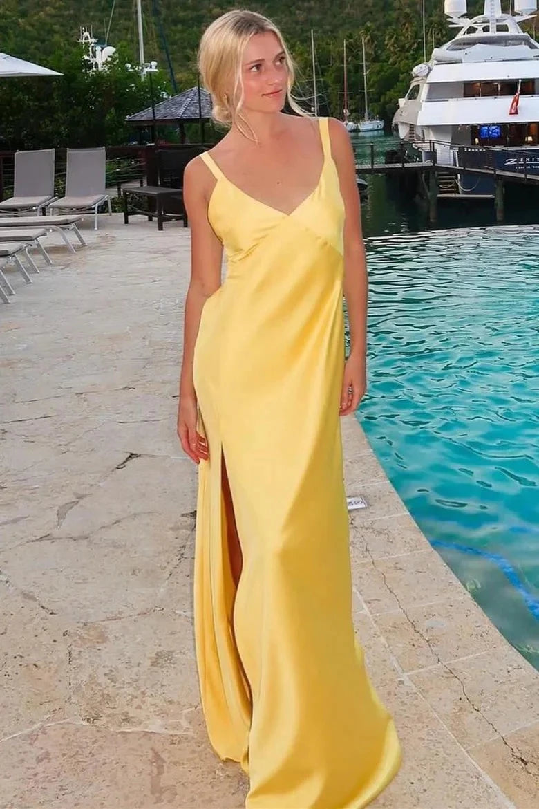 Elegant A-Line V-Neck Spaghetti-Strap Tie-Back High-Slit Maxi Evening Dress