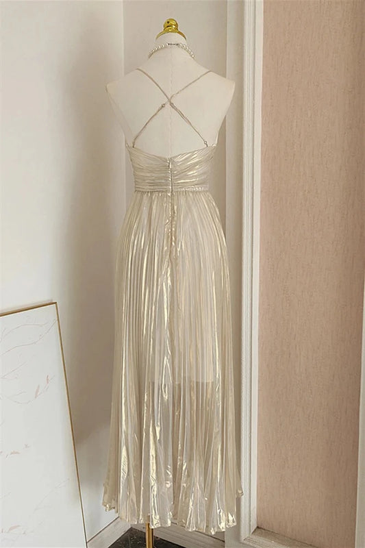 Elegant A-Line V-Neck Spaghetti Straps Crisscross Back Midi Length Champagne Metallic Evening Dresses