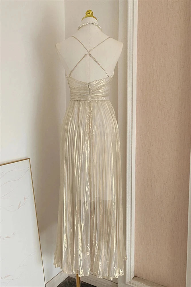 Elegant A-Line V-Neck Spaghetti Straps Crisscross Back Midi Length Champagne Metallic Evening Dresses