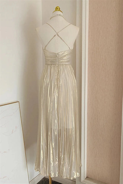 Elegant A-Line V-Neck Spaghetti Straps Crisscross Back Midi Length Champagne Metallic Evening Dresses