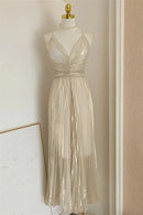 Elegant A-Line V-Neck Spaghetti Straps Crisscross Back Midi Length Champagne Metallic Evening Dresses