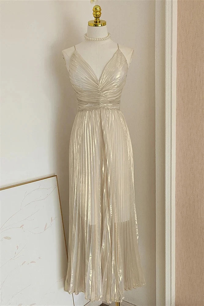 Elegant A-Line V-Neck Spaghetti Straps Crisscross Back Midi Length Champagne Metallic Evening Dresses