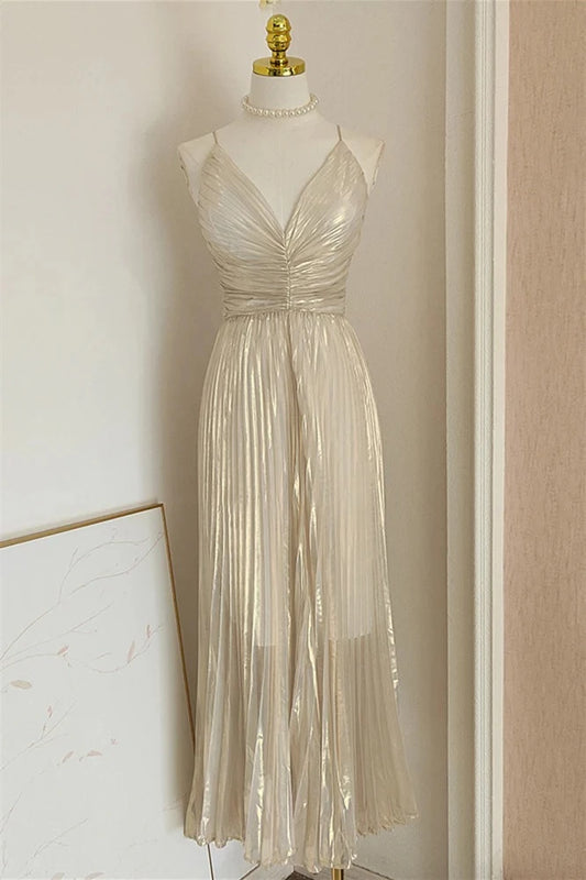Elegant A-Line V-Neck Spaghetti Straps Crisscross Back Midi Length Champagne Metallic Evening Dresses
