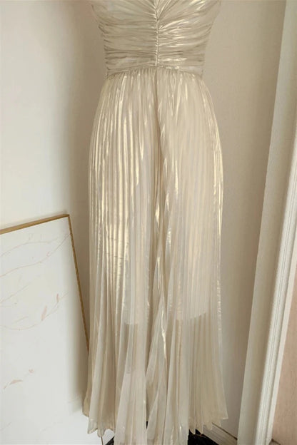 Elegant A-Line V-Neck Spaghetti Straps Crisscross Back Midi Length Champagne Metallic Evening Dresses