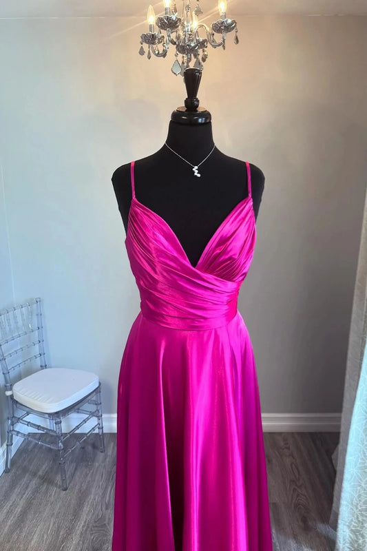 Elegant A-Line V-Neck Spaghetti Straps Open Back Floor-Length Fuchsia Satin Evening Dresses