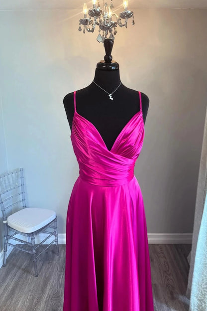 Elegant A-Line V-Neck Spaghetti Straps Open Back Floor-Length Fuchsia Satin Evening Dresses
