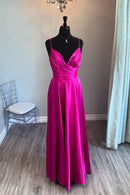 Elegant A-Line V-Neck Spaghetti Straps Open Back Floor-Length Fuchsia Satin Evening Dresses