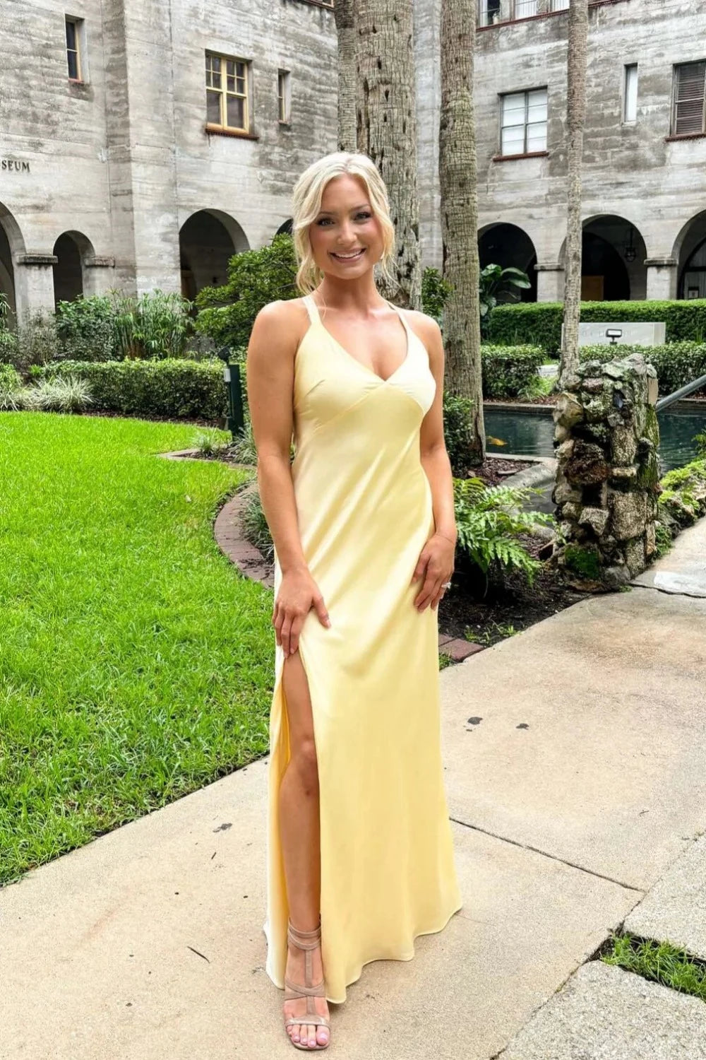 Elegant A-Line V-Neck Spaghetti Straps Tie Back Floor-Length Buttery Yellow Evening Dresses