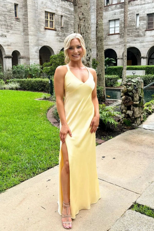 Elegant A-Line V-Neck Spaghetti Straps Tie Back Floor-Length Buttery Yellow Evening Dresses