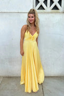 Elegant A-Line V-Neck Spaghetti Straps Tie Back Floor-Length Lemon Yellow Evening Dresses