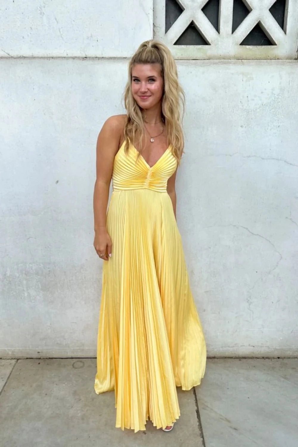 Elegant A-Line V-Neck Spaghetti Straps Tie Back Floor-Length Lemon Yellow Evening Dresses