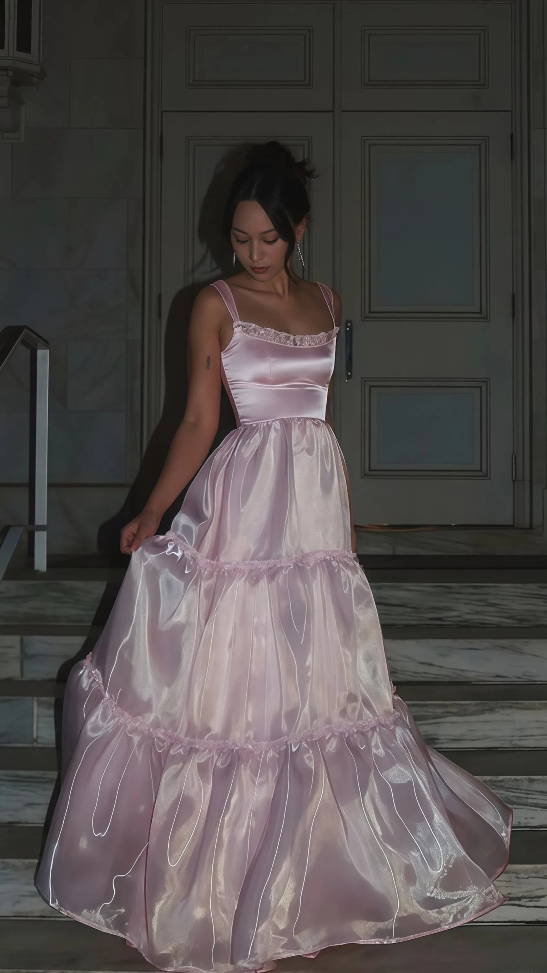 Elegant A-line Square-neck Wide-strap Tiered Pink Floor-length Prom Dress.