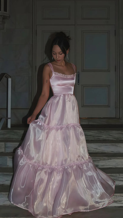 Elegant A-line Square-neck Wide-strap Tiered Pink Floor-length Prom Dress.